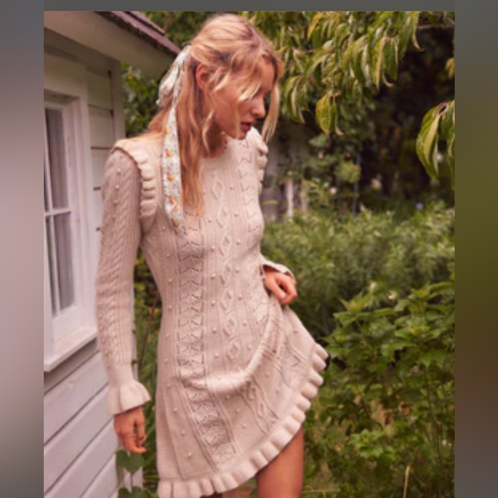 LOVESHACKFANCY Zeke Mini Knit sweater Dress RARE beige tan M retail $479